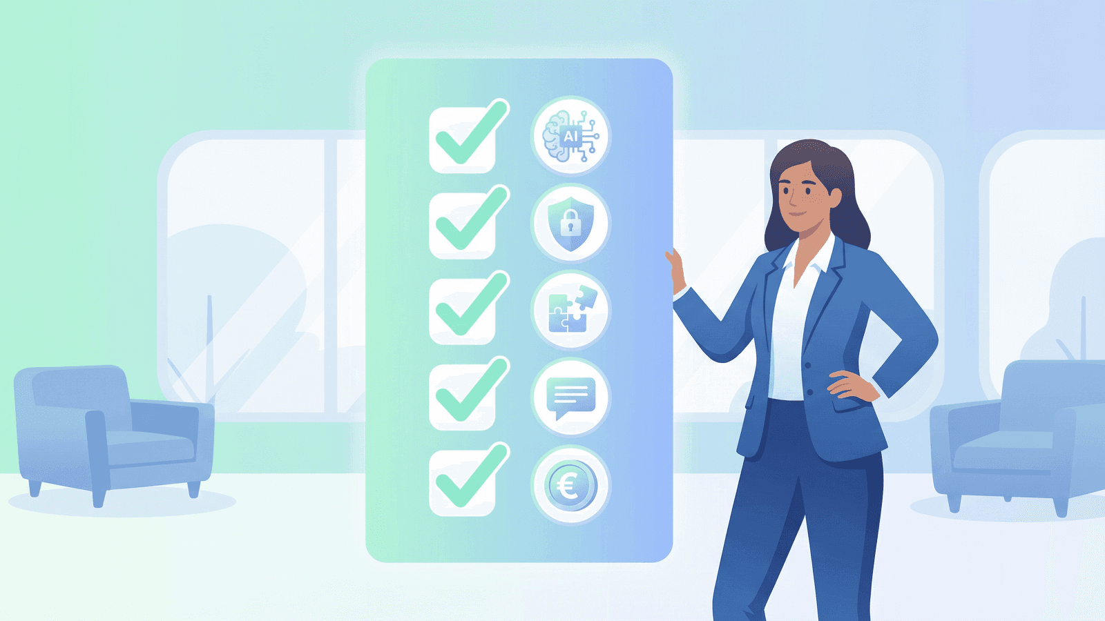 Selection criteria for an AI chatbot -- AI quality, data privacy, integrations, language, and pricing