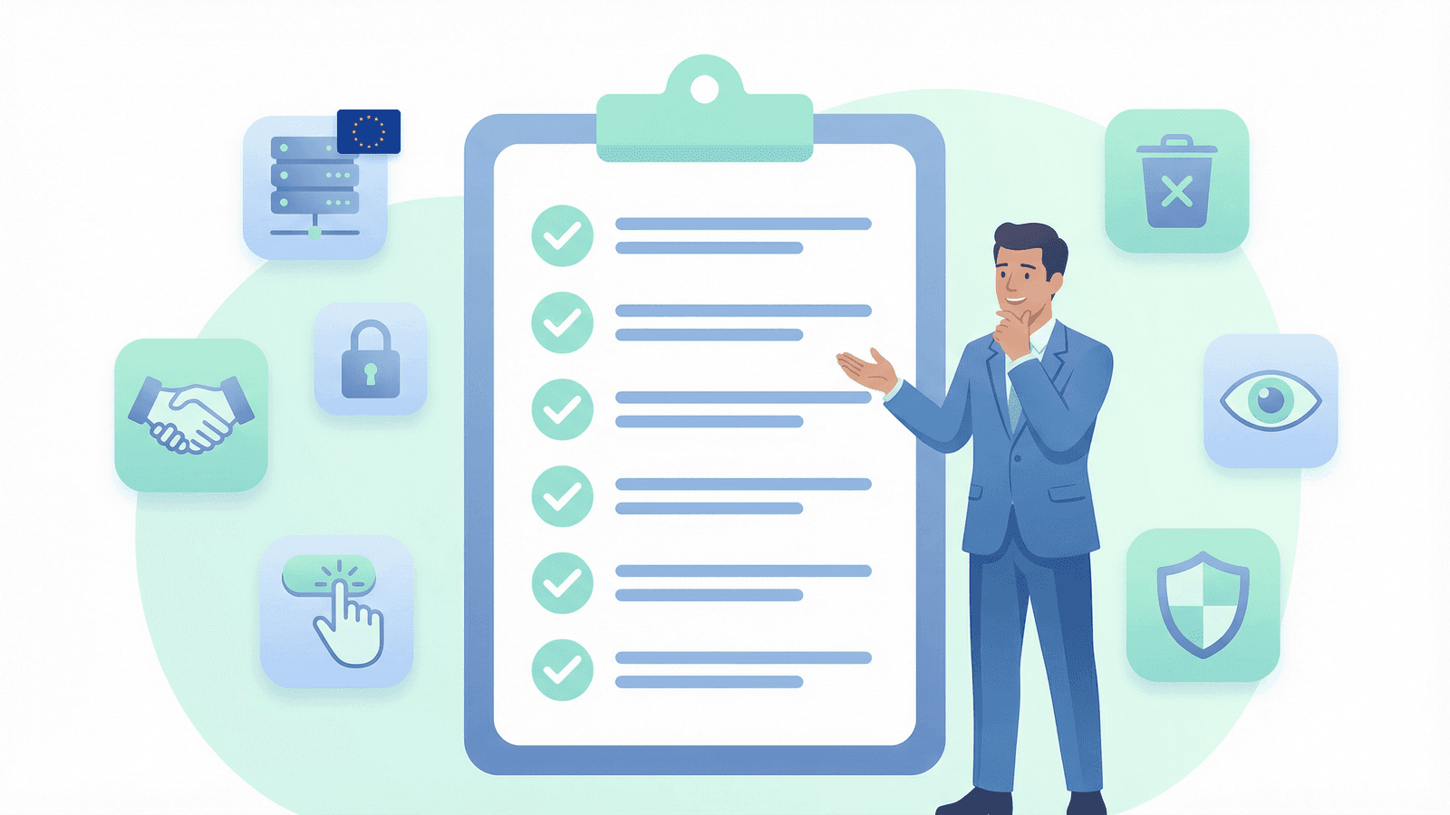 DSGVO-Checkliste für Chatbots – 7 Punkte mit Icons für Server, Verschlüsselung, Einwilligung und Löschung