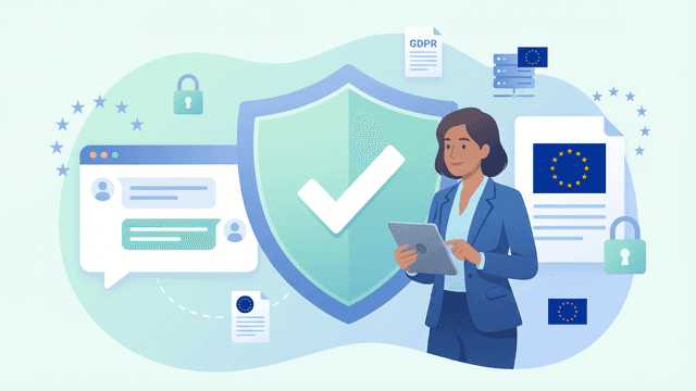 GDPR-Compliant Chatbot – Data protection shield with chat interface and EU documents
