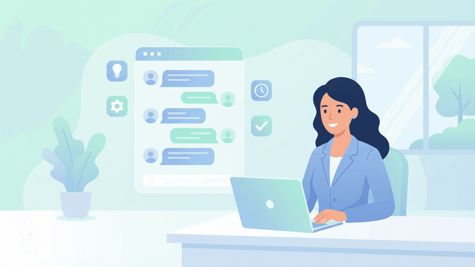 KI Chatbot fuer Unternehmen -- Kundenservice-Agentin mit Chat-Interface und Business-Icons